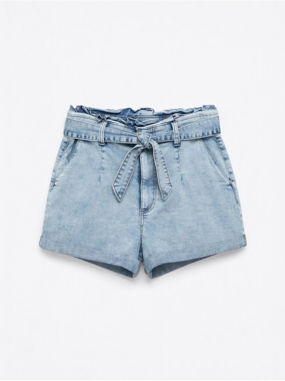 Express Super High Rise Light Blue Paperbag Waist Denim Shorts with Tie Belt